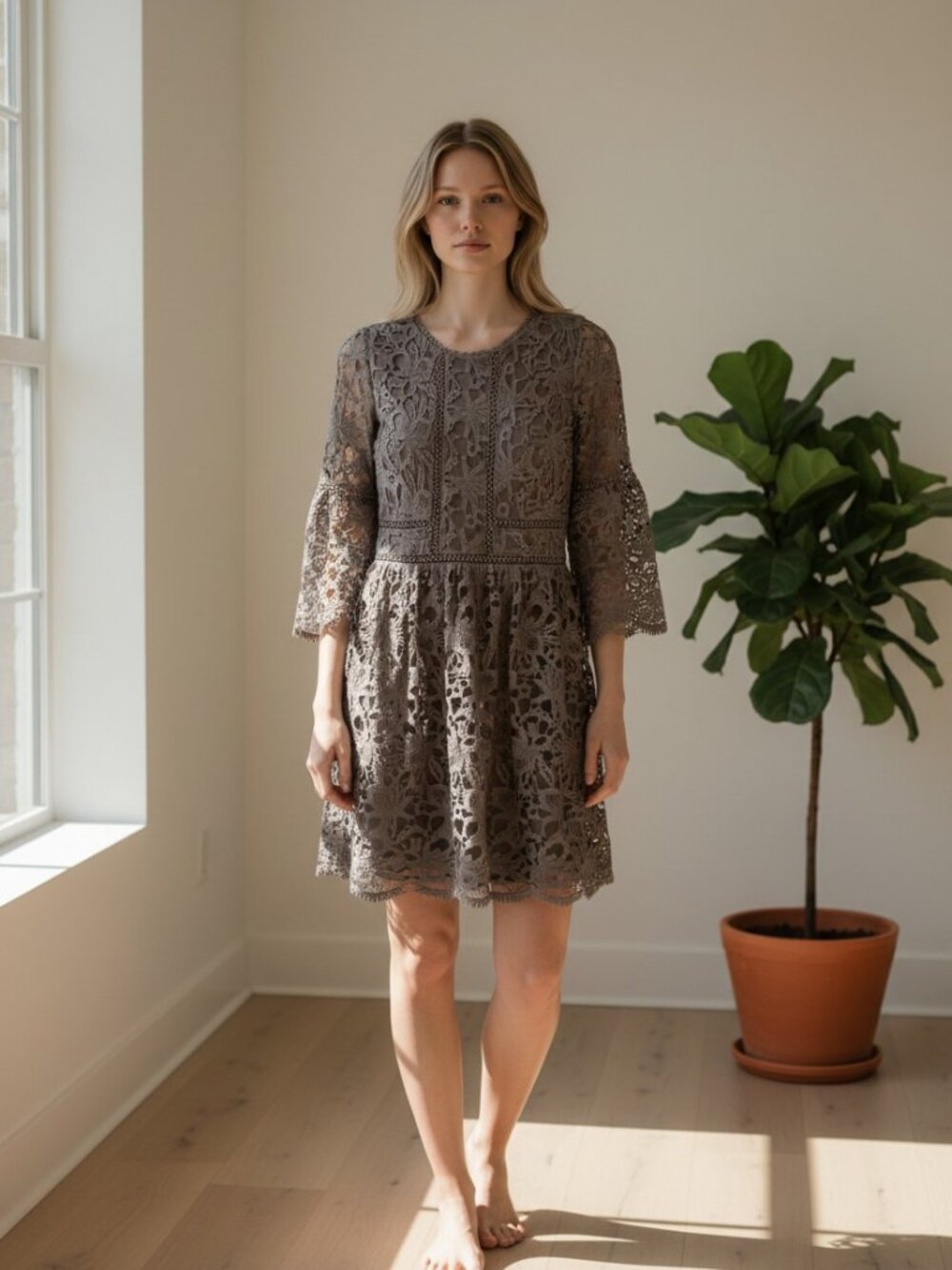 J.O.A. Gray Floral Lace Long Sleeve Fit-and-Flare Dress